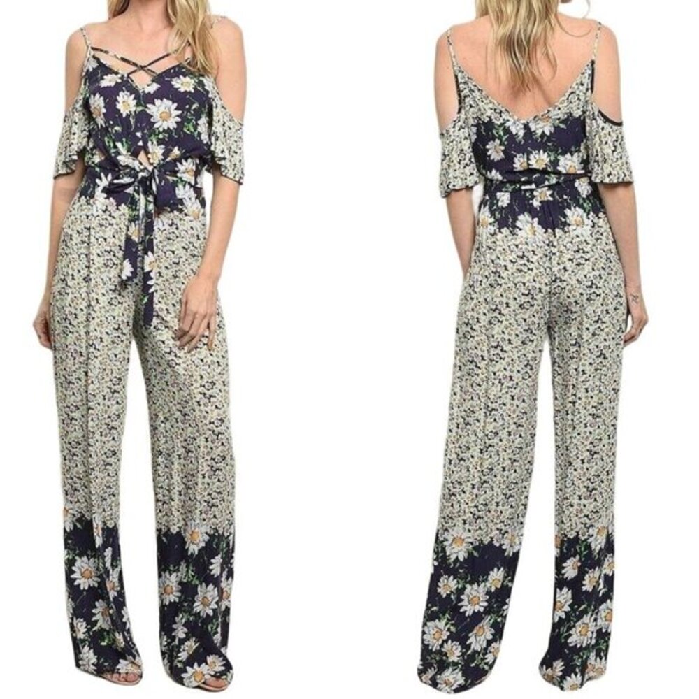 Women's Wide Leg Floral Outfit Blue Cold Shoulder‎ Floral Print Pant Set Size L